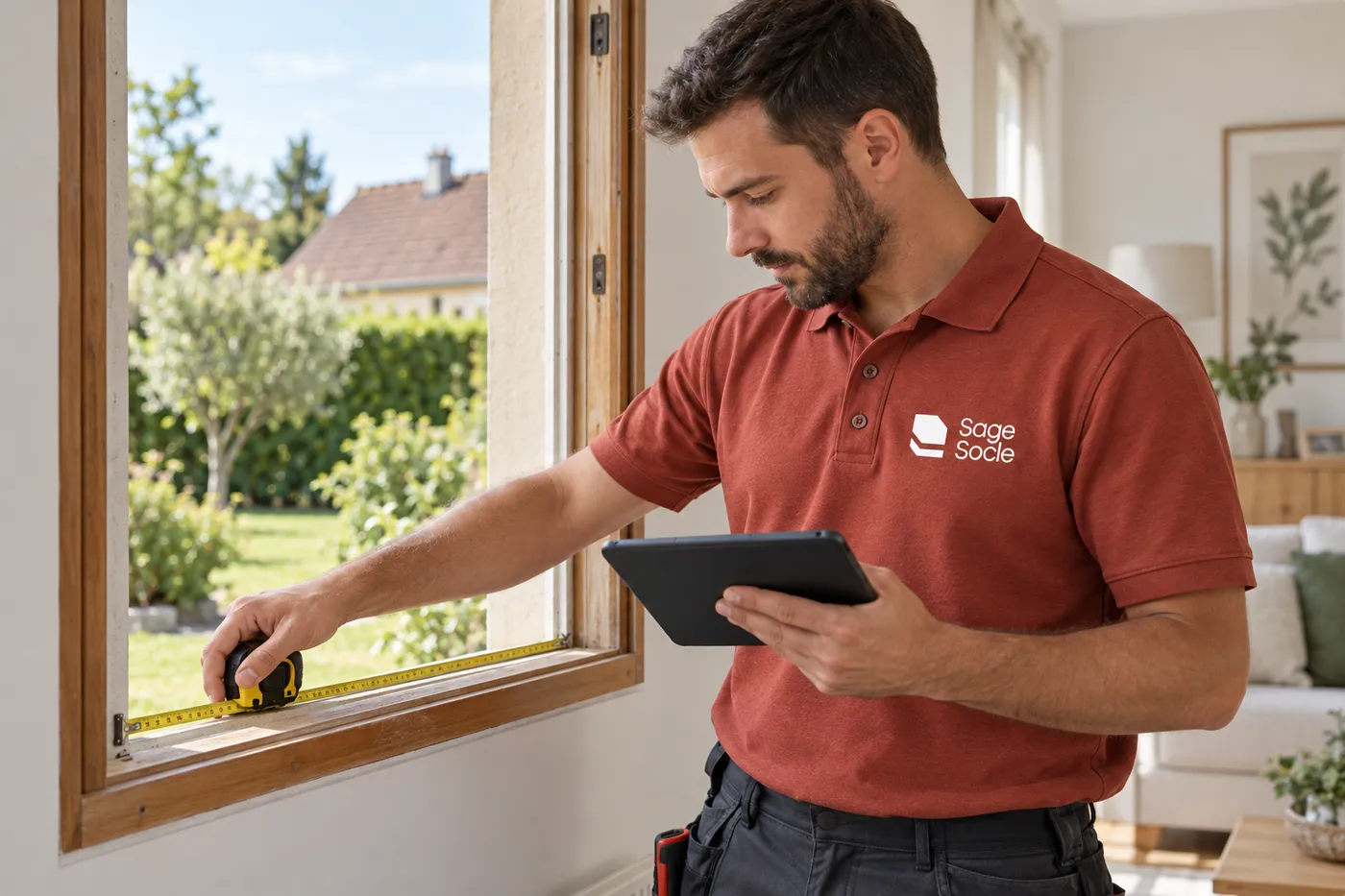 Vitrier en polo Sage Socle mesurant la feuillure d'une fenêtre et notant les cotes sur une tablette