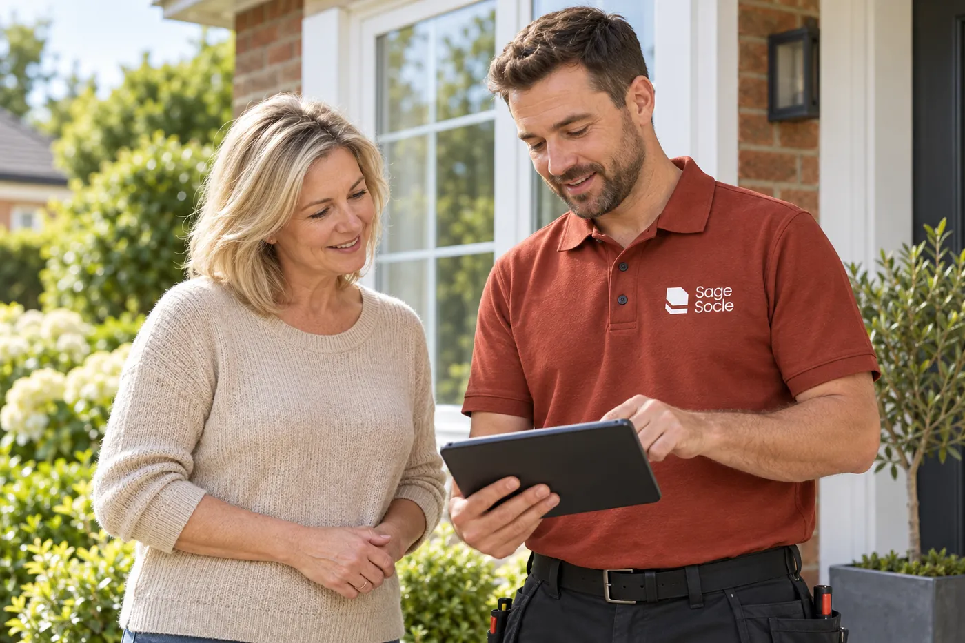 Vitrier en polo Sage Socle présentant un devis sur tablette à une habitante devant son pavillon